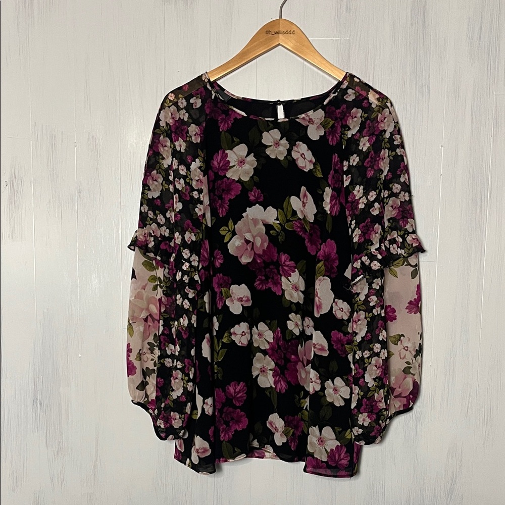 Calvin Klein Floral‎ Black and Pink Ruffle Sleeve Blouse Size 1X - Picture 2 of 8